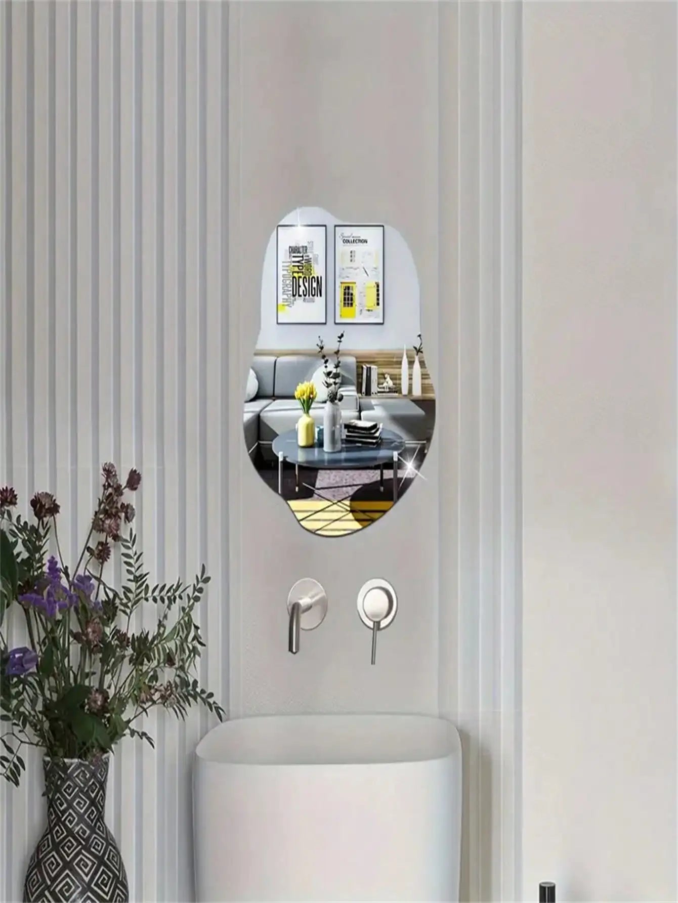 Squiggle Mirror wavy sculptural wall mirror over a vanity by Everstock Goods