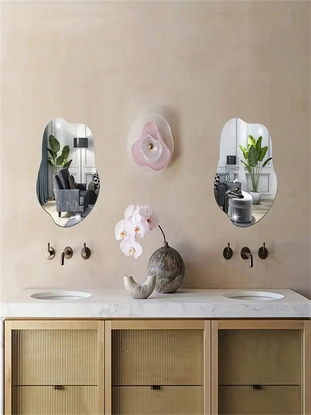 Squiggle Mirror styled in a bathroom