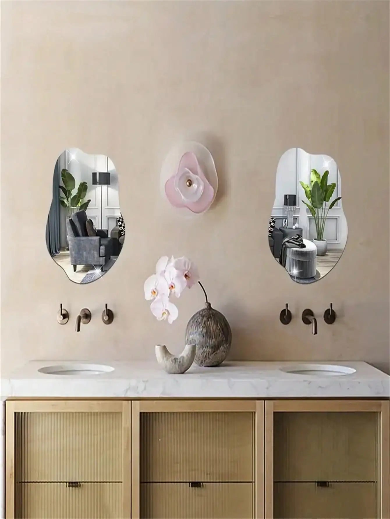 Squiggle Mirror styled in a bathroom